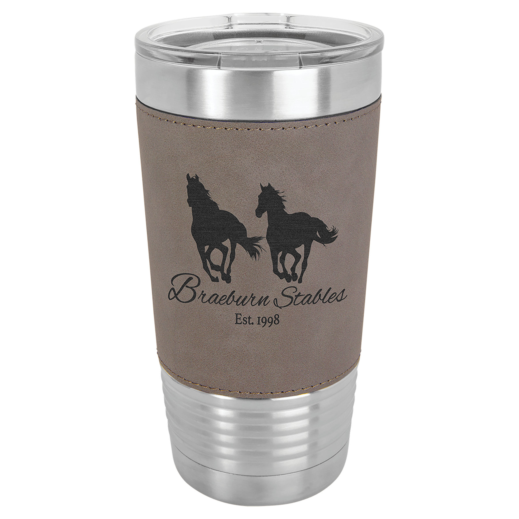 20 oz. Light Brown Laserable Leatherette Tumbler with Clear Lid