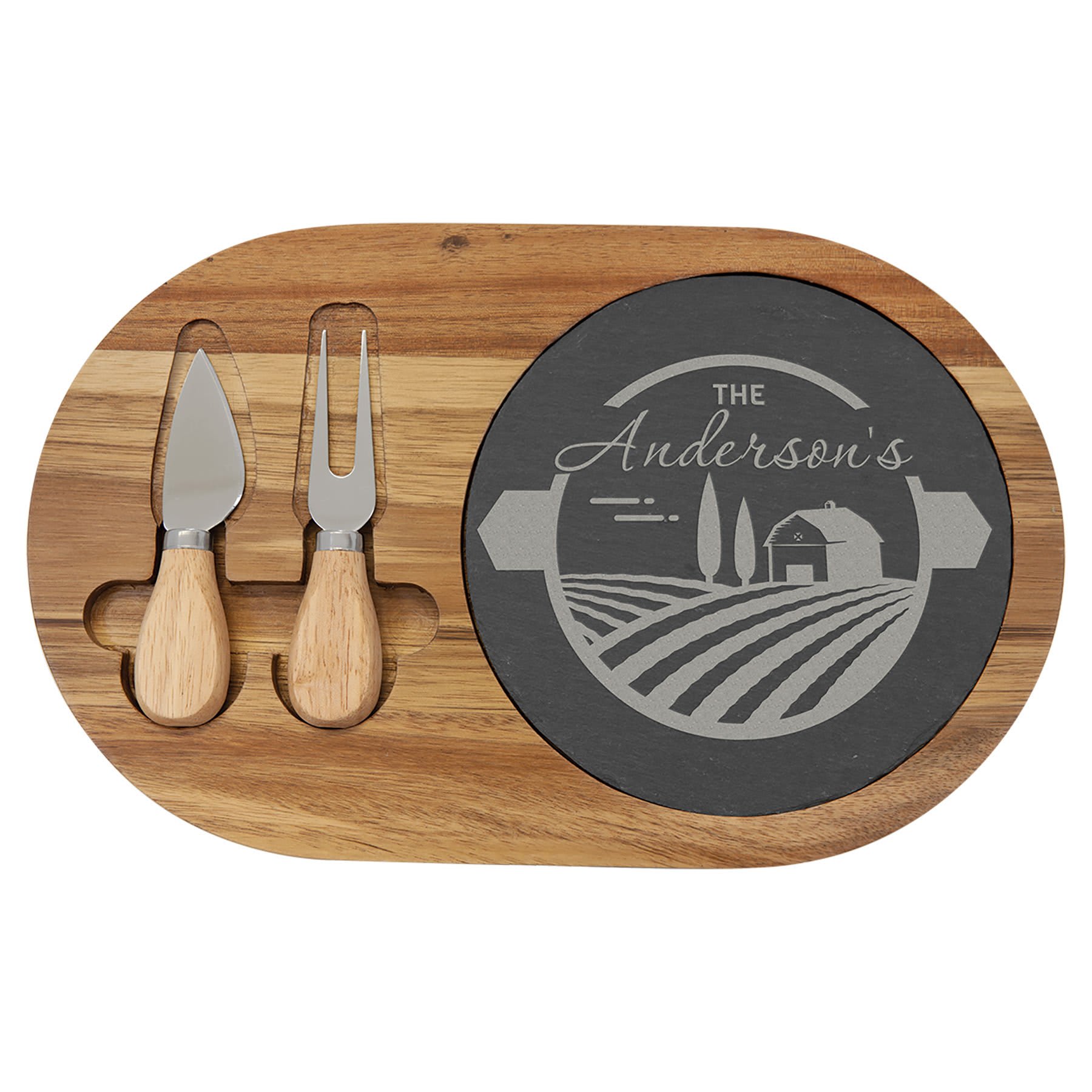 Acacia Wood/Slate Oval Cheese Set with Two Cheese Tools